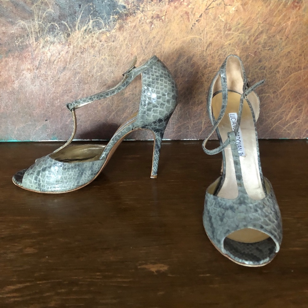 LUCIANO PADOVAN high ankle t- strap Heels  sandals gray snake Made in Italy 39.5